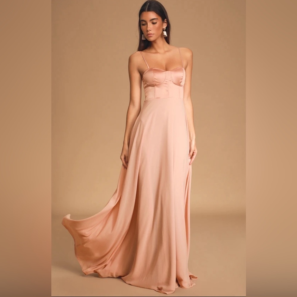 NEW Lulus Best Part of Me Blush Satin Bustier Chiffon Maxid Dress Gown Size XS